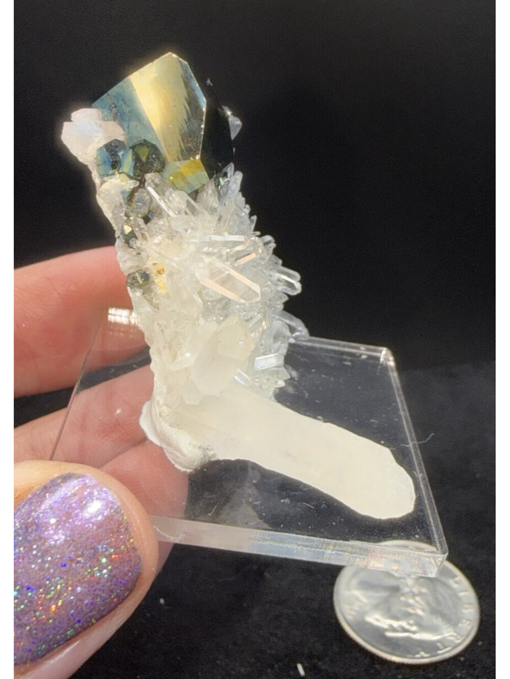 Naturally Iridescent Pyrite on Quartz Indonesia Rainbow Crystal Specimen